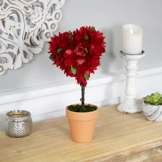 14" Red Wooden Mixed Floral Valentine's Day Artificial Potted Topiary {3}
