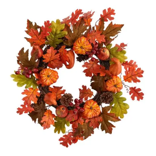 20" Maple Leaf, Pumpkin Gourd, Pinecone & Berry Artificial Fall Wreath {1}