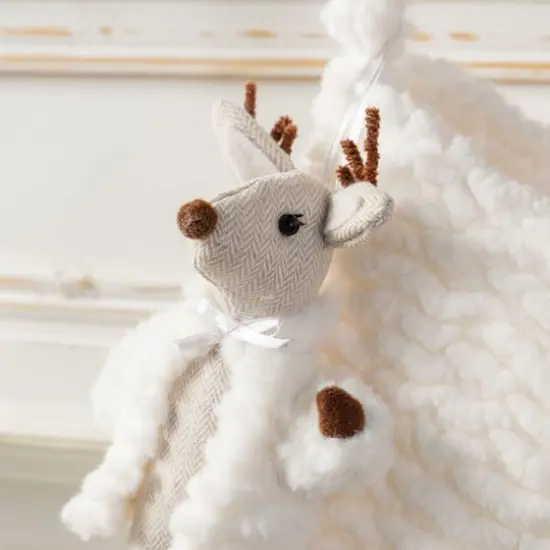 Glitzhome&reg; 21"L White Plush Christmas Stocking with Reindeer Ornament {5}
