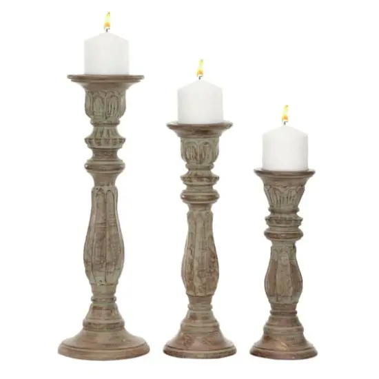 Brown Mango Wood Traditional Pillar Candle Holder Set {1}