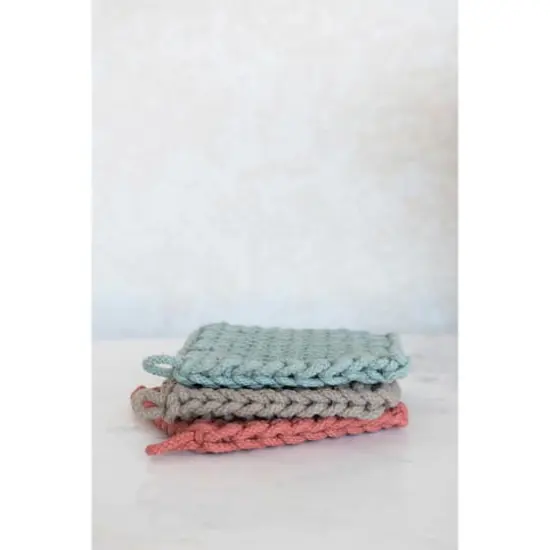 Hello Honey&reg; 8" Blue, Red & Brown Square Crocheted Cotton Pot Holder Set {3}