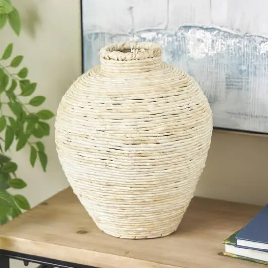13.5" Cream Seagrass Handmade Wrapped Pot Decorative Vase {9}