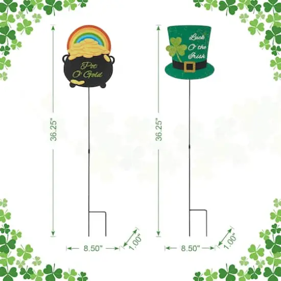 Glitzhome&reg; St. Patrick's Pot of Gold & Leprechaun Hat Metal Yard Stake Set {7}