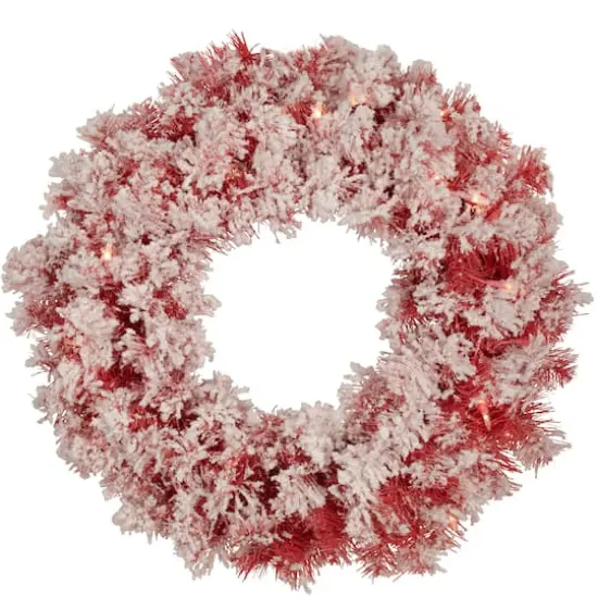 24" Pre-Lit Flocked Red Artificial Christmas Wreath {1}