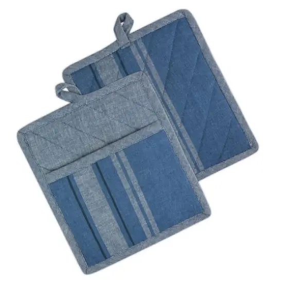 DII&reg; Blue Chambray French Stripe Potholders, 2ct. {1}