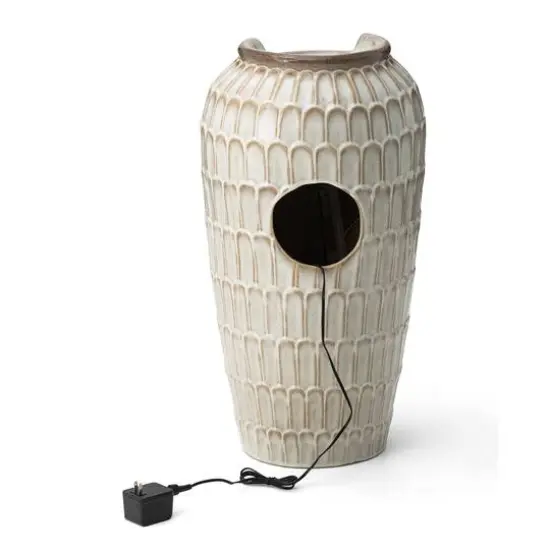 Glitzhome&reg; 28.25" LED Petals Textured Ceramic Jar Outdoor Floor Fountain {8}