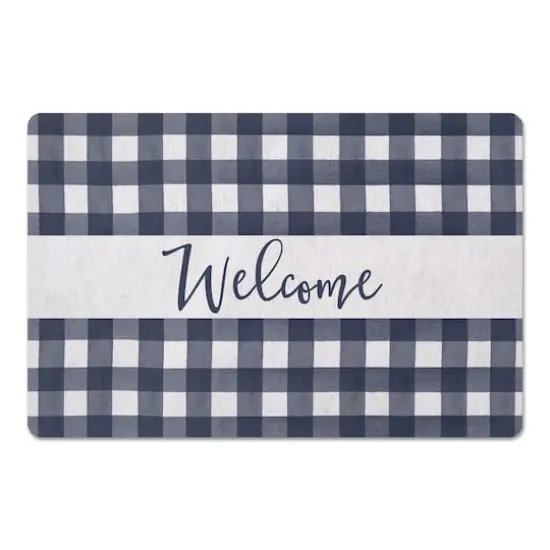 Welcome Navy Buffalo Check Floor Mat {1}