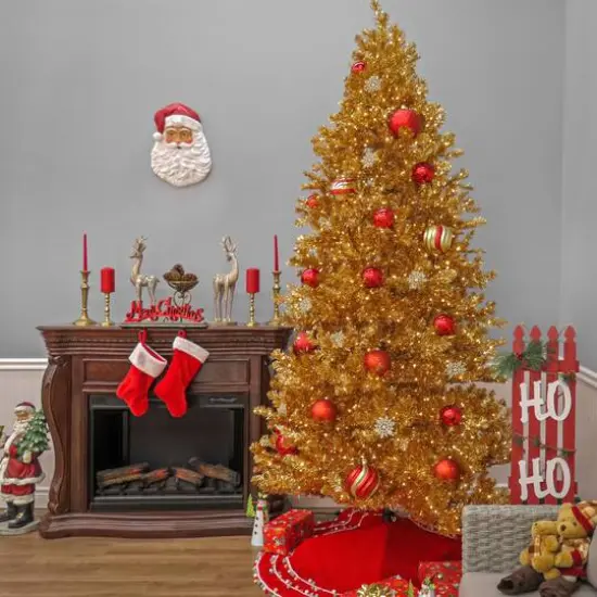 9ft. Pre-Lit True Gold Metallic Artificial Christmas Tree, White LED Lights {6}