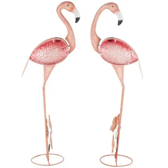 46" Tall Floral & Shimmer Pink Metal Flamingo Garden Sculpture Set {1}