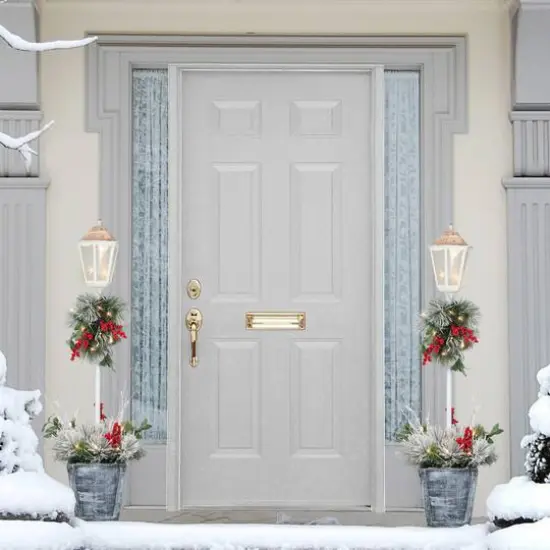 4ft. Pre-Lit Flocked Artificial Pine Lamp Post, Warm White LED Lights {4}