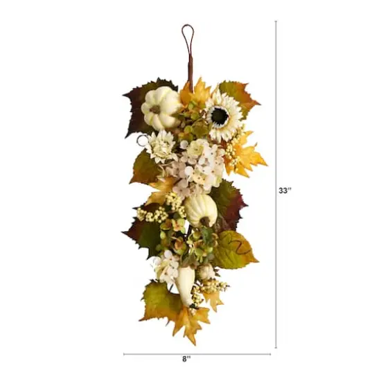 33" Sunflower, Hydrangea & White Pumpkin Autumn Teardrop Swag {3}