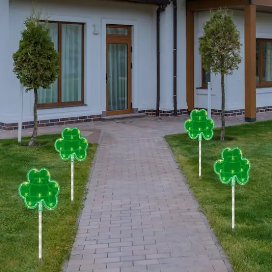 4ct Green St Patrick's Day Shamrock Pathway Marker Lawn Stakes Clear Lights {3}