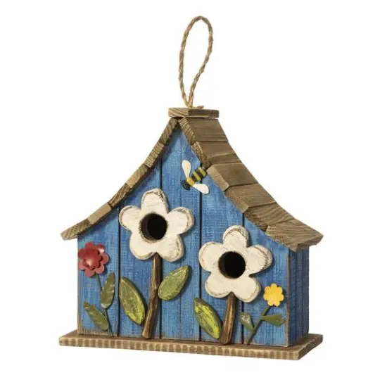 Glitzhome&reg; 10.5" Distressed Wood Birdhouse with Flowers {1}