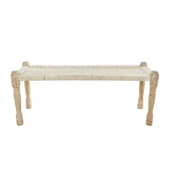 Beige Cotton Handmade Woven Chevron Bench with Mango Wood Legs {3}