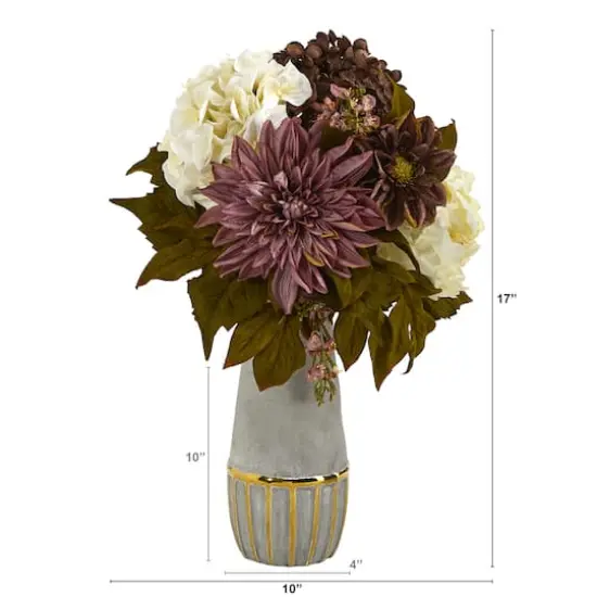 17" Peony, Hydrangea & Dahlia Arrangement in Gold Trimmed Stoneware Vase {4}