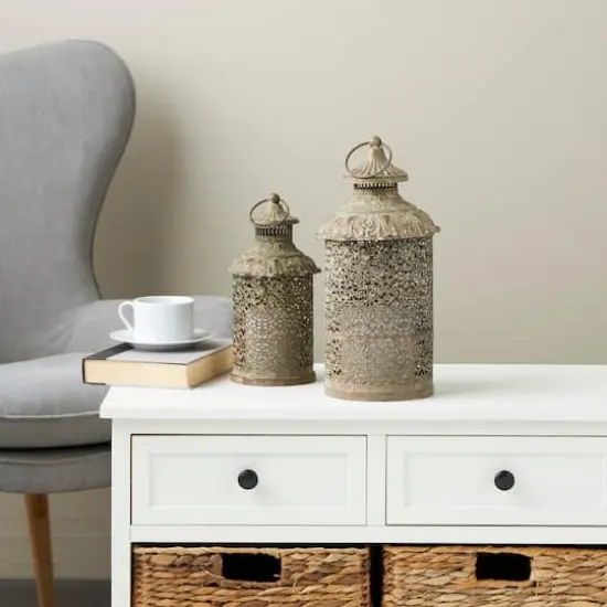 Brown Ornate Scroll Metal Candle Lantern Set {3}