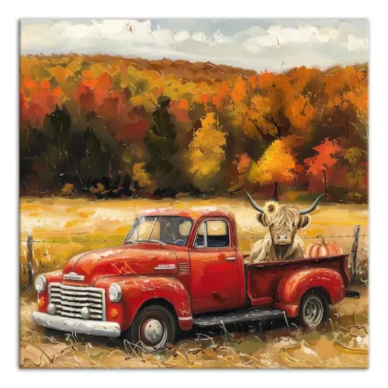 Fall Red Truck Highland 16" x 16" Canvas Wall Art {1}