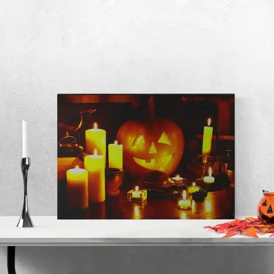 Orange and Yellow LED Lighted Witch's Jack-O'-Lantern Halloween Wall Art {3}