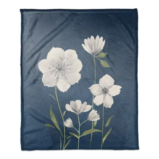 50" x 60" Bright White Flowers on Navy Coral Fleece Blanket {1}