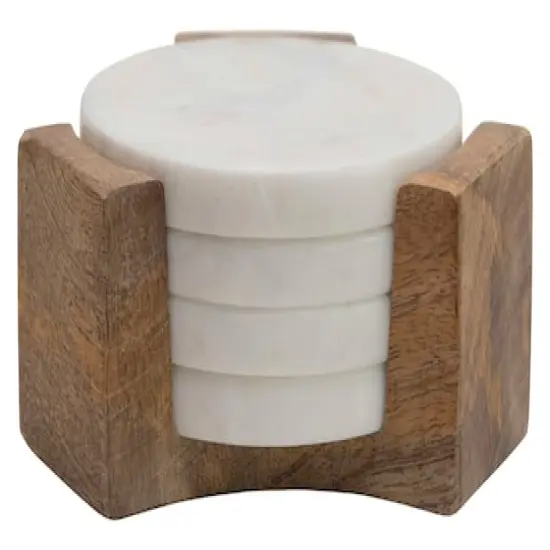 Hello Honey&reg; Round Marble Coasters with Mango Wood Holder Set {3}