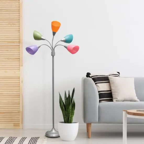 Simple Designs&trade; 5.6ft. 5-Light Gooseneck Silver Floor Lamp Fun Multicolored Shades {6}