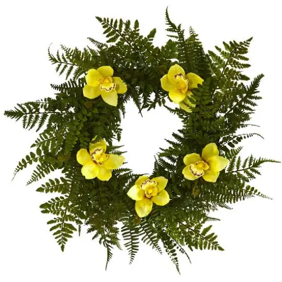 24" Mixed Fern & Cymbidium Orchid Wreath Yellow {1}