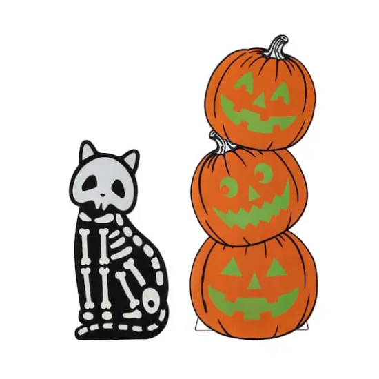 Glitzhome&reg; Halloween Wooden Skeleton Cat and Stacked Pumpkin Porch Decor Set {3}