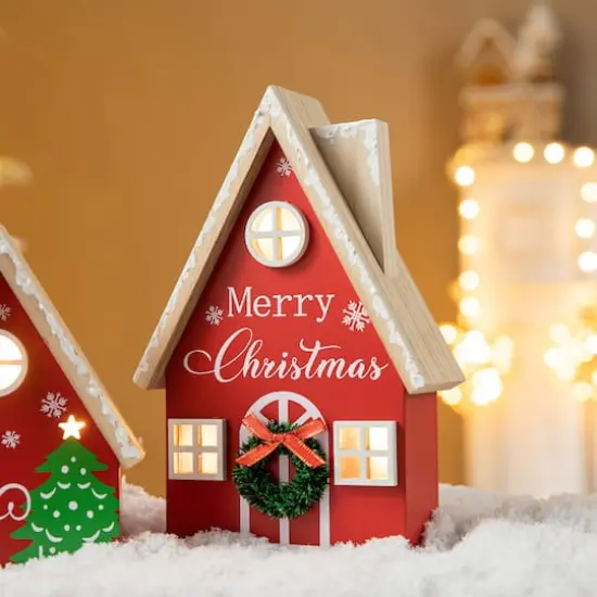 Glitzhome&reg; Christmas Lighted Wooden House Table D&eacute;cor Set {5}