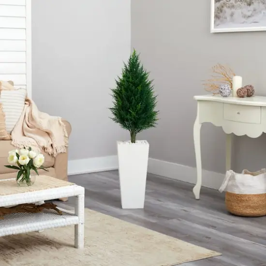 4ft. UV Resistant Cypress Tower Tree in Tall White Planter {5}