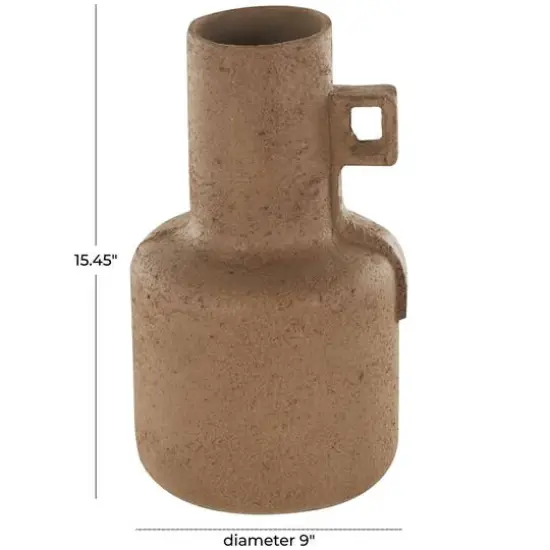 15.5" Brown Paper Mache Abstract Distressed Textured Vase with Geometric Handle {8}