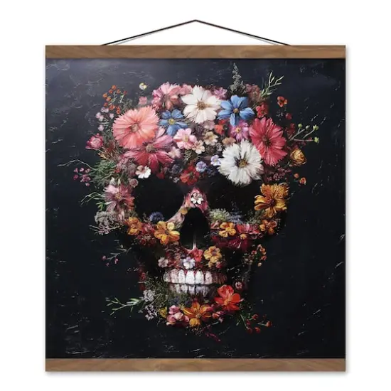 Floral Skull Painting 16" x 16" Teak Hanging Canvas {1}