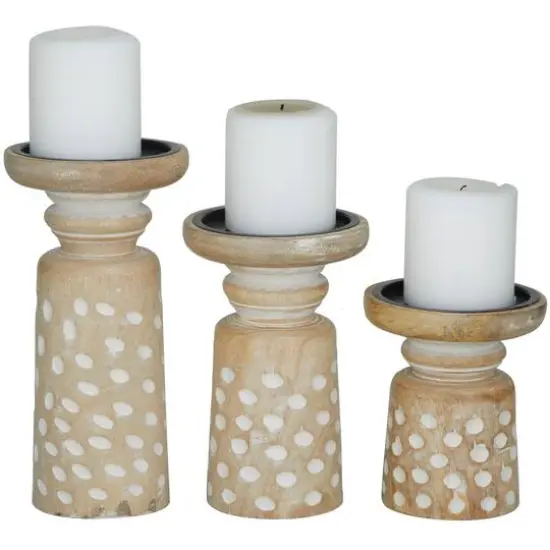 Light Brown Wood Carved Dotted Pillar Candle Holder Set {5}