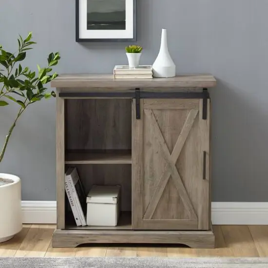 Walker Edison 32" Grey Wash Sliding Barn Door Farmhouse Accent Cabinet  {4}