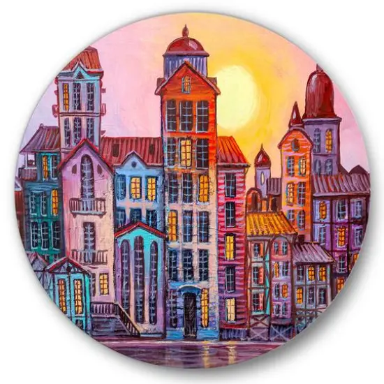 Designart - Street Scene In Old Town With Colorful Buildings - Mid-Century Modern Metal Circle Wall Art {1}