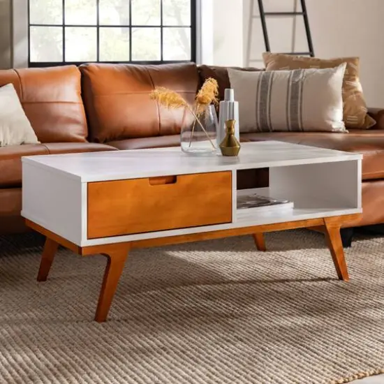 White & Caramel 1-Drawer Bridge Leg Solid Wood Coffee Table {4}