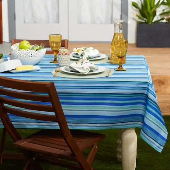 Blue Ocean Stripe Print Outdoor Tablecloth, 60" Round {3}