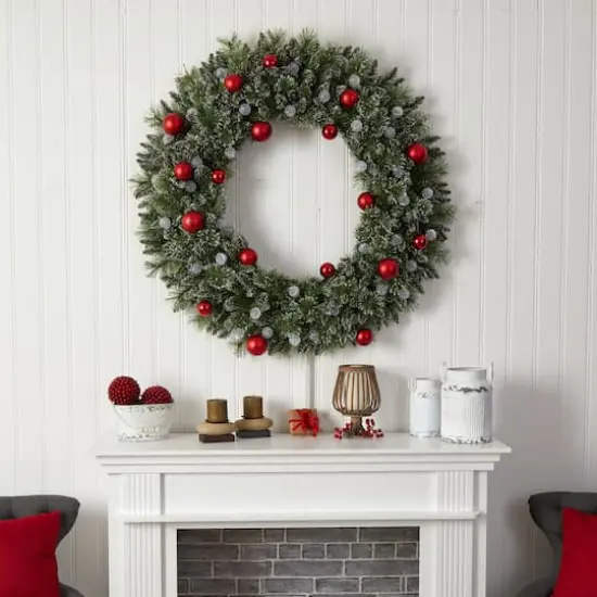4ft. Oversized Pre-Lit Frosted Holiday Christmas Wreath with Ornaments {8}