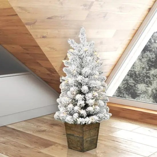 3ft. Pre-Lit Flocked Gifford Slim Potted Pine Artificial Christmas Tree, Warm White LED Lights {3}