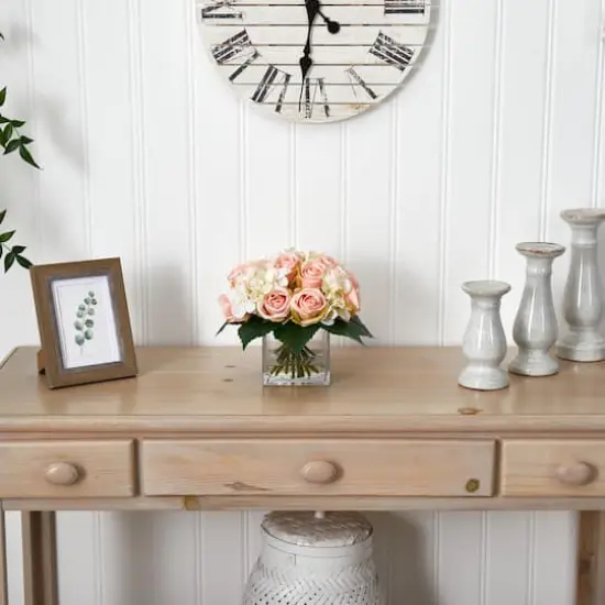 9" Pink Rose & Hydrangea Bouquet Arrangement in Vase {3}