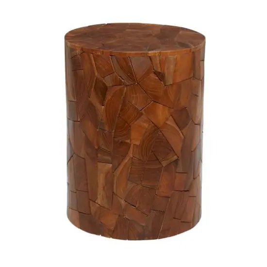 16.5" Round Block-Style Brown Teak Wood Mosaic Side Table {4}