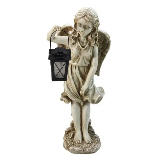 21" Lovely Weathered Ivory Standing Angel with Tealight Candle Lantern Outdoor Garden Statue {1}