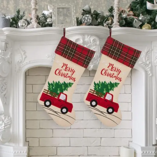 Glitzhome&reg; 21" Red Truck Embroidered Linen Stocking, Set Of 2 {3}