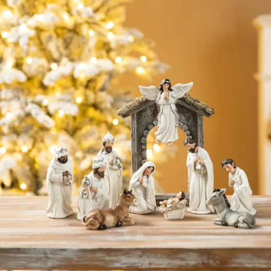 Glitzhome&reg; 11 Piece Ivory Nativity Figurine Set {3}