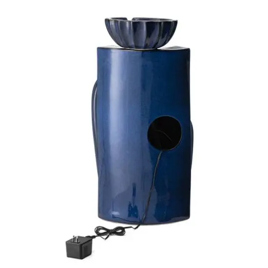Glitzhome&reg; 26.75" 3-Tier LED Fluted Textured Ceramic Outdoor Floor Fountain Cobalt Blue {7}