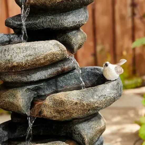 Glitzhome&reg; 23" Natural LED 5-Tier Stacked Stone Outdoor Fountain {7}