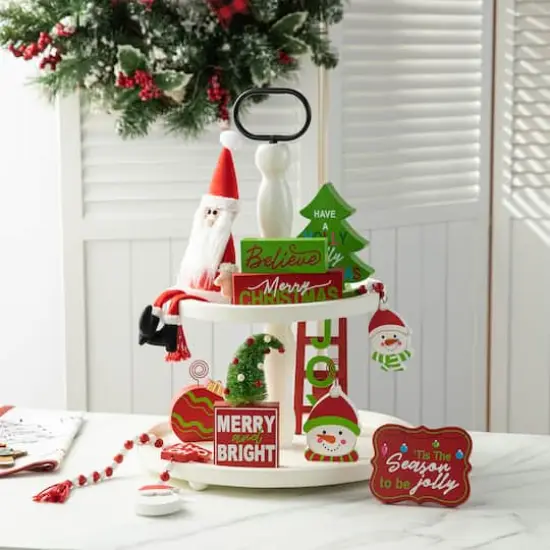 Glitzhome&reg; Christmas Wooden Word Signs & Fabric Santa Set {3}
