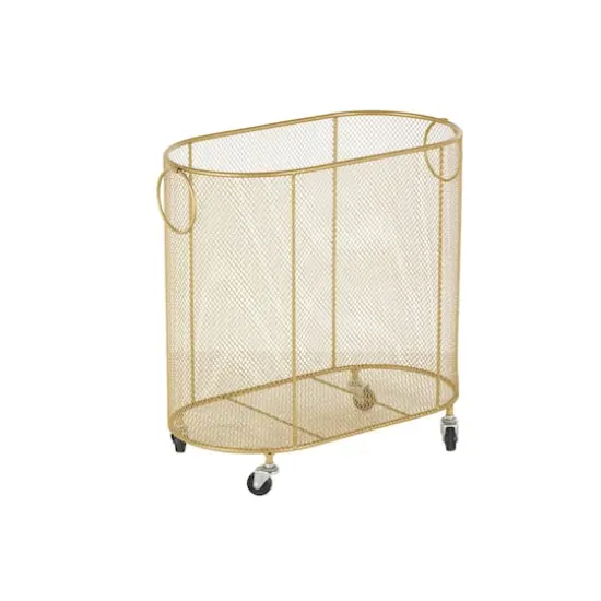21" Metal Oval Mesh Wire Rolling Laundry Storage Cart with Ring Handles Gold {3}
