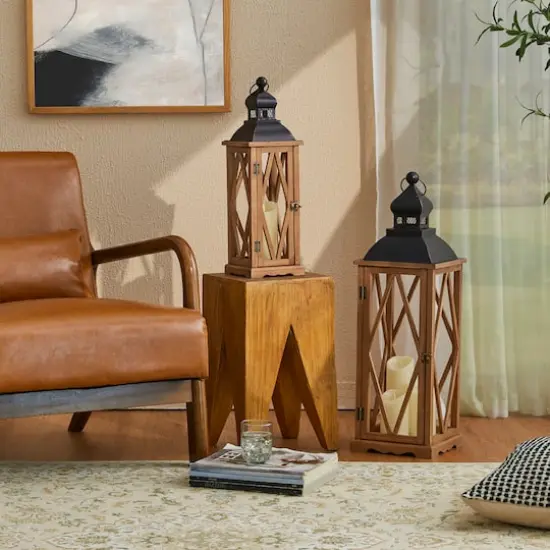 Glitzhome&reg; Farmhouse Antique Diamond Wood & Metal Lanterns Set {8}