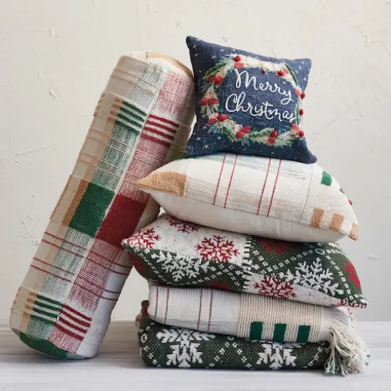 Hello Honey® 25" Red, Green & Gold Plaid Textured Woven Bolster Pillow {3}