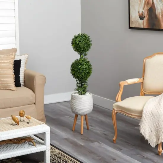 4ft. Boxwood Double Ball Topiary Artificial Tree in White Planter with Stand (Indoor/Outdoor) {5}